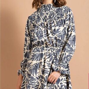 Kori Blue Grey High Neck Printed Mini Dress Long Sleeves Size L NWT